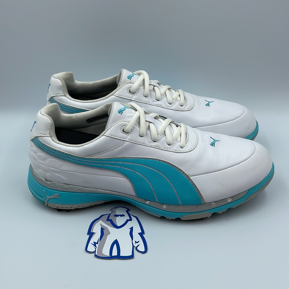 Puma Faas White Teal Leather Lite Golf Soft Spike Shoes Women’s Sz 8.5